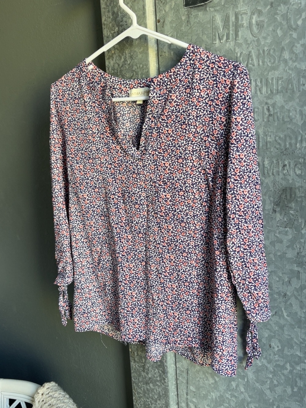 Cynthia Rowley Navy and Pink Floral Split-V Blouse